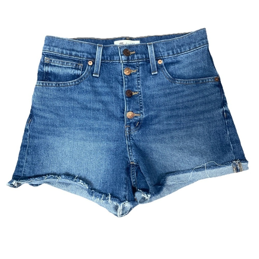 Madewell High Rise Denim Shorts Medium Wash Button Fly Raw Hem Cutoff Size 27